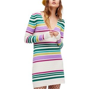 Free People Gidget ivory stripped green and purple long sleeve sweater dress